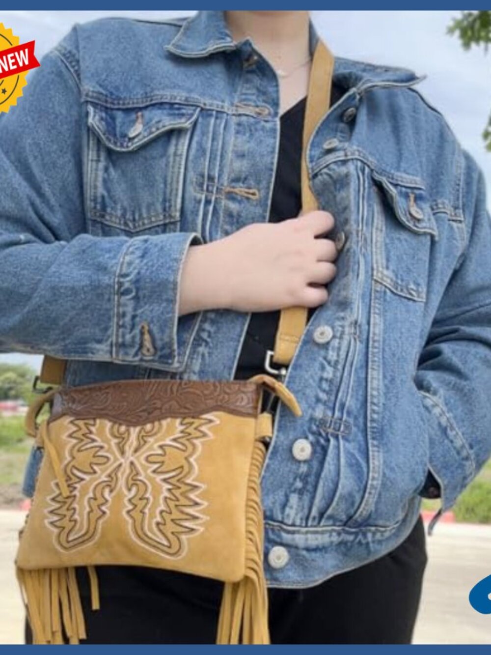 Leather Crossbody Bag with Fringe, Adjustable Strap, Zipper Pocket - Picture 2 of 7